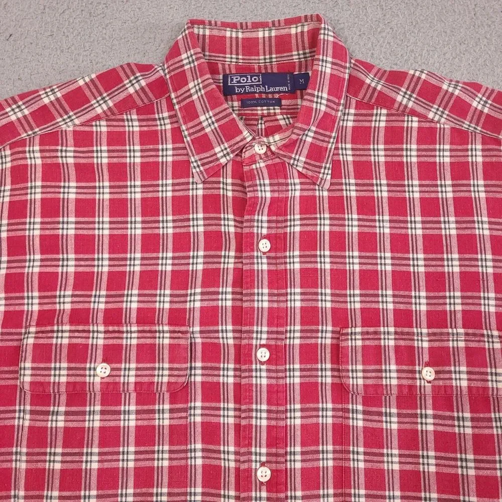 Vintage Polo Ralph Lauren Shirt Mens Medium Red Tartan Plaid Button‎ Down Cotton